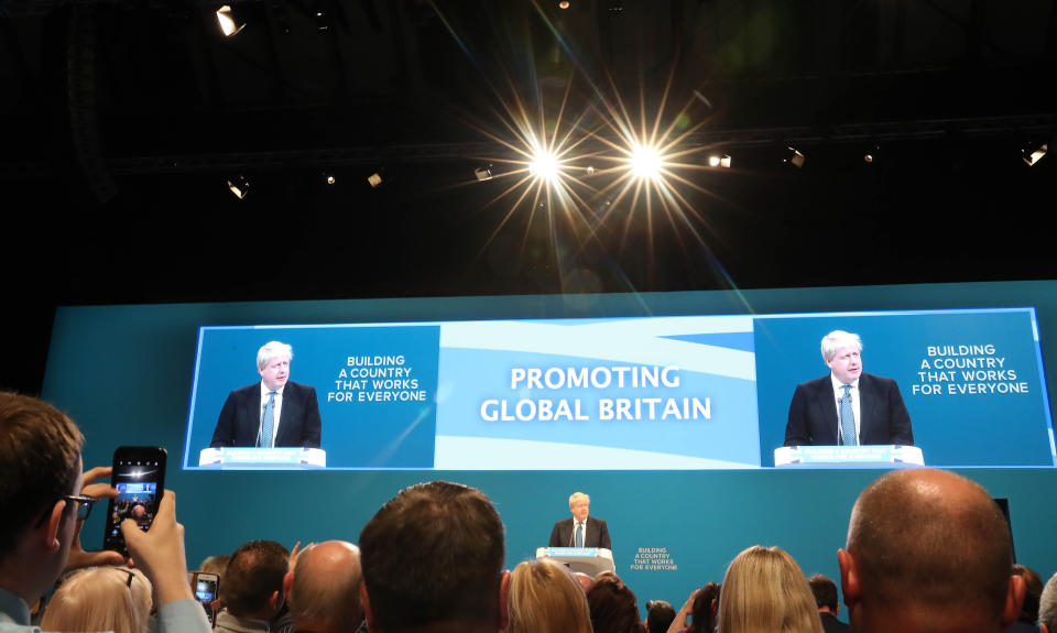 Foreign Secretary Boris Johnson delivering his speech at the Conservative party conference at the Manchester Central Convention Complex in Manchester.