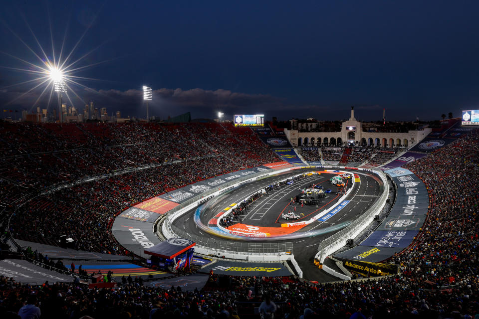 Feb 5, 2023; Los Angeles, California, USA; Drivers race during the NASCAR Busch Light Clash at the Coliseum at Los Angeles Memorial Coliseum. Mandatory Credit: Jason Parkhurst-USA TODAY Sports