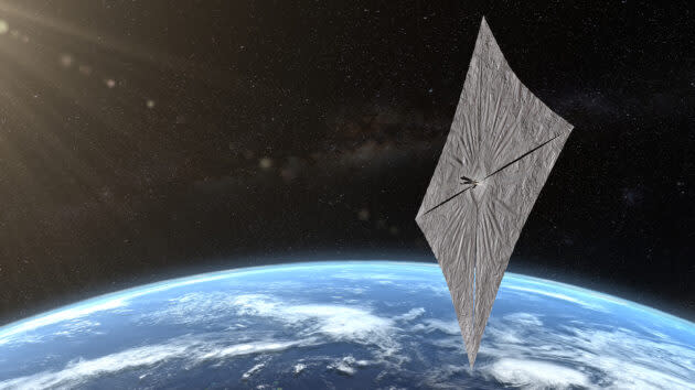 An artist’s conception shows LightSail 2’s four triangular solar sails fully deployed in orbit. (Planetary Society Illustration / Josh Spradling)