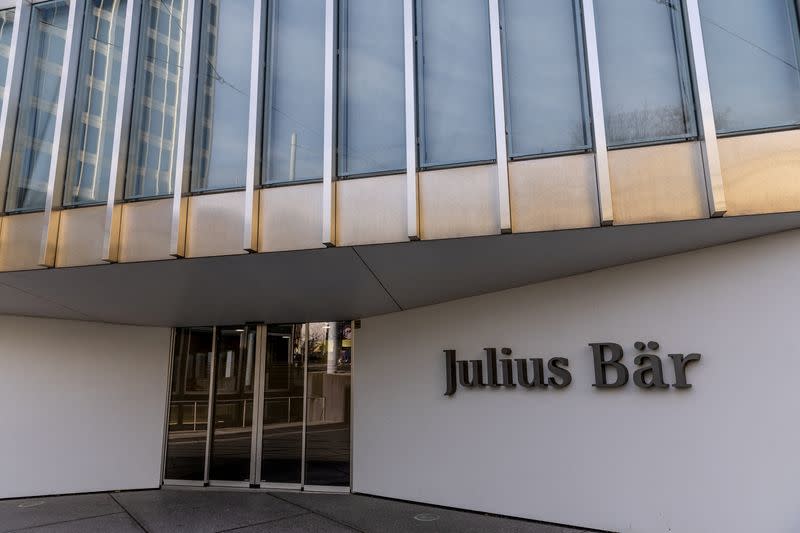 FILE PHOTO: A logo is pictured on the branch of the Swiss private bank Julius Baer in Lausanne