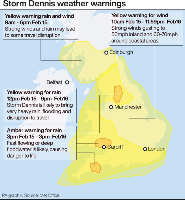 Storm Dennis weather warnings