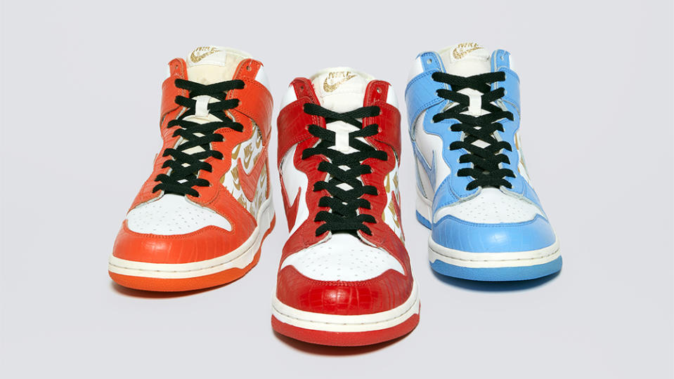 Front-facing views of the three Supreme x Nike SB Dunk High prototypes being offered by Joopiter.