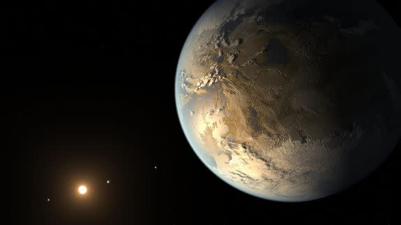 An artist's conception of the Earth-sized exoplanet Kepler-186f, which orbits a star some 500 million miles away from Earth.