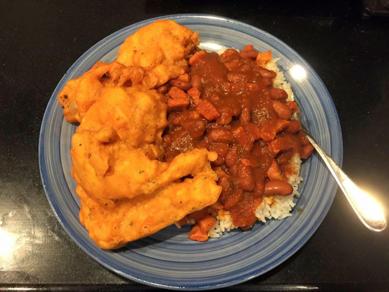 A plate of red beans and rice and fried cod. (Courtesy Danielle Campoamor)