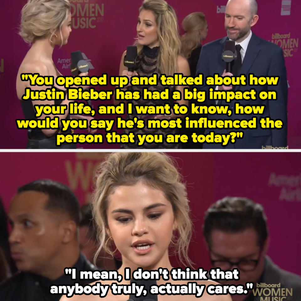 Two-screen image. Top: Hailey Bieber speaks with interviewer about Justin Bieber's impact on her life. Bottom: Selena Gomez speaking, expressing skepticism about genuine concern from others