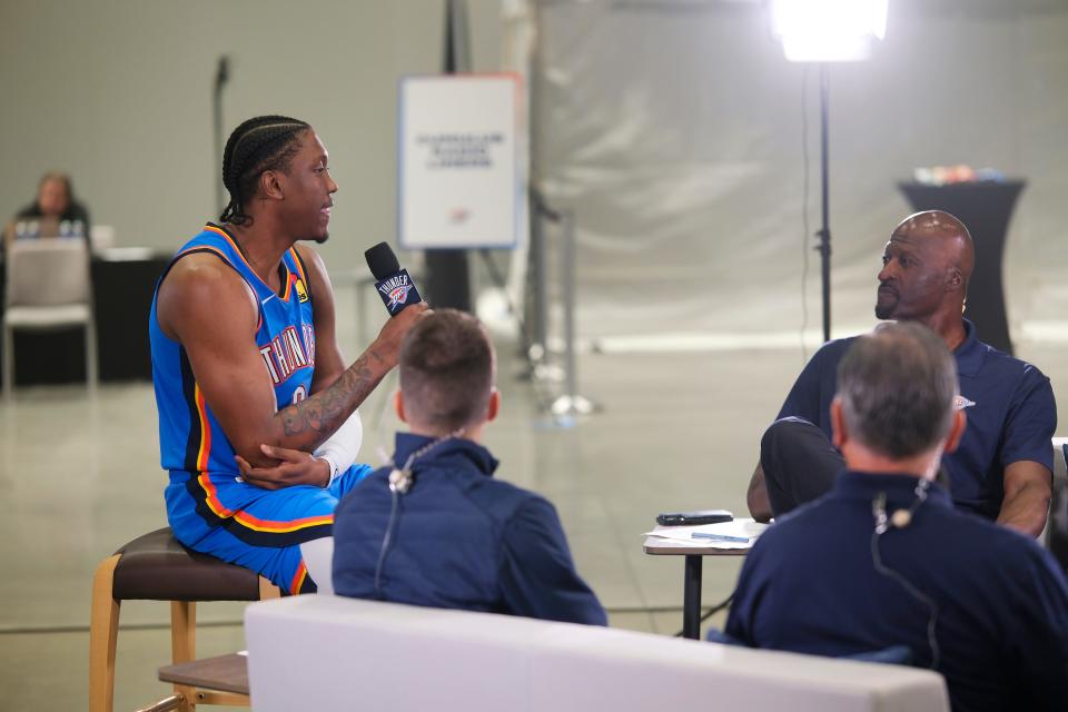 Jalen Williams (8) speaks with the Thunder broadcast crew at Thunder Media Day, held in the Oklahoma City Convention Center on Monday, Oct. 2, 2023.