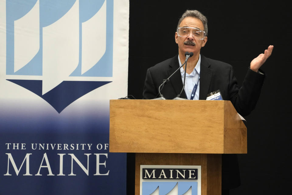 Habib Dasher, director of UMaine's Advanced Structures & Composite Center, speaks at the unveiling of the world's largest 3D printer, Tuesday, April 23, 2024, at the University of Maine, in Orono, Maine. (AP Photo/Robert F. Bukaty)