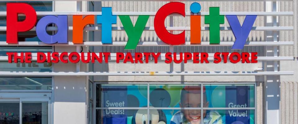 Toronto, Ontario, Canada-May 2, 2019: Party City colorful entrance sign. Party City is an American publicly traded retail chain of party supply stores founded in 1986 by Steve Mandell.