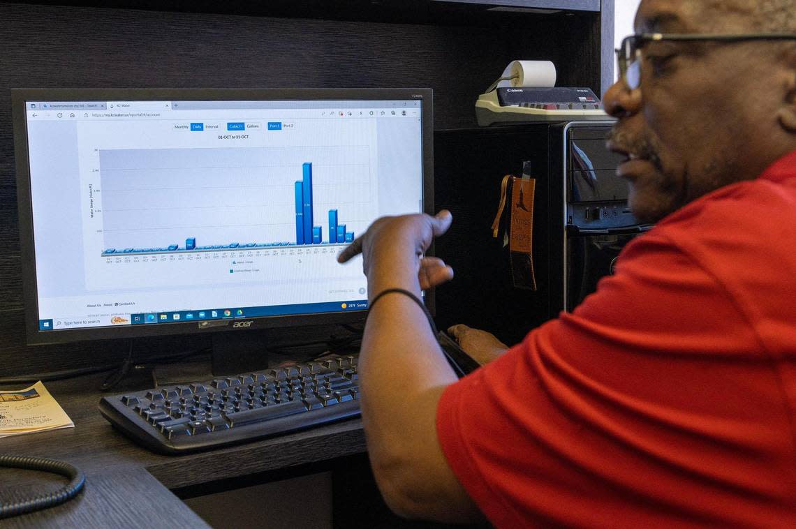 Ronald Carter shows a graph of the water usage at Linwood United Church on Friday, Feb. 10, 2023, in Kansas City. Carter discussed the high water bill the church recently has had to pay despite that there are no water leaks or an increase of water usage in the building.