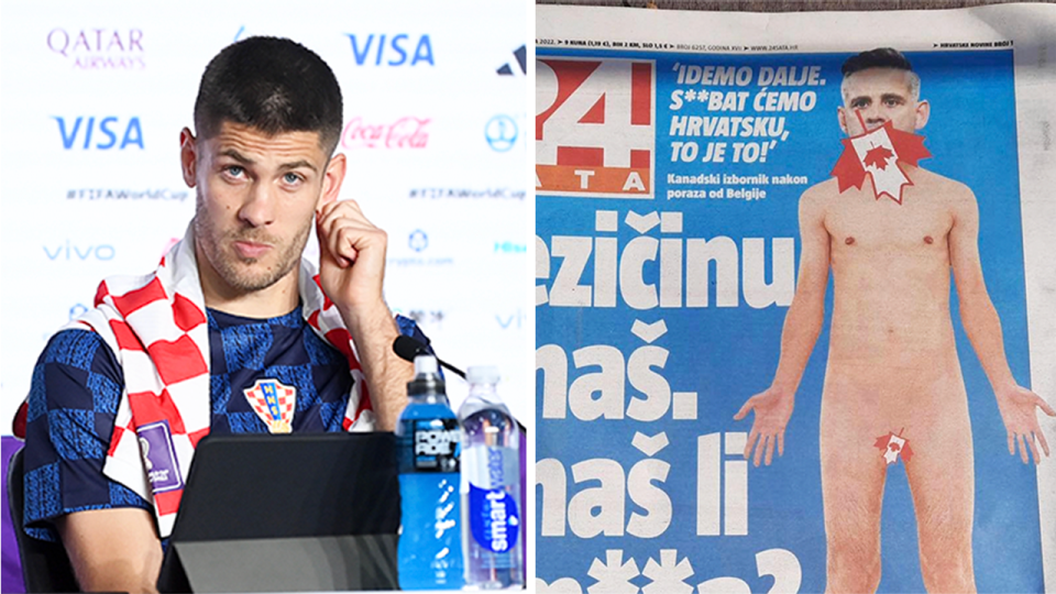 Forward Andrej Kramaric (pictured left) in a press conference and (pictured right) Croatian tabloid front page.