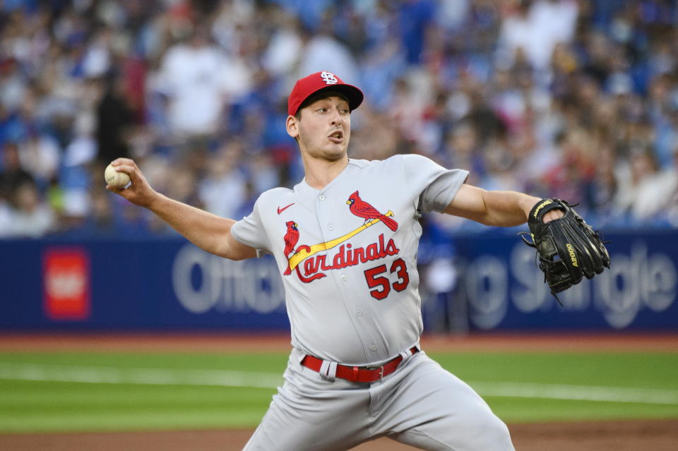 St. Louis Cardinals starting pitcher Andre Pallante (53) throws the ball during the first inning of a baseball game against the Toronto Blue Jays, Tuesday, July 26, 2022 in Toronto. (Christopher Katsarov/The Canadian Press via AP)