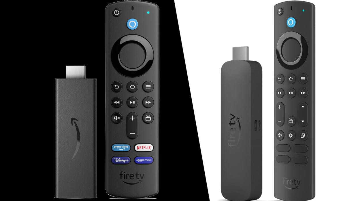  The Amazon Fire TV Stick on a black background (L) and the Amazon Fire TV Stick 4K on a white Background (R). 