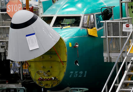 FILE PHOTO: The angle of attack sensor, at bottom center, is seen on a 737 Max aircraft at the Boeing factory in Renton, Washington, U.S., March 27, 2019. REUTERS/Lindsey Wasson/File Photo