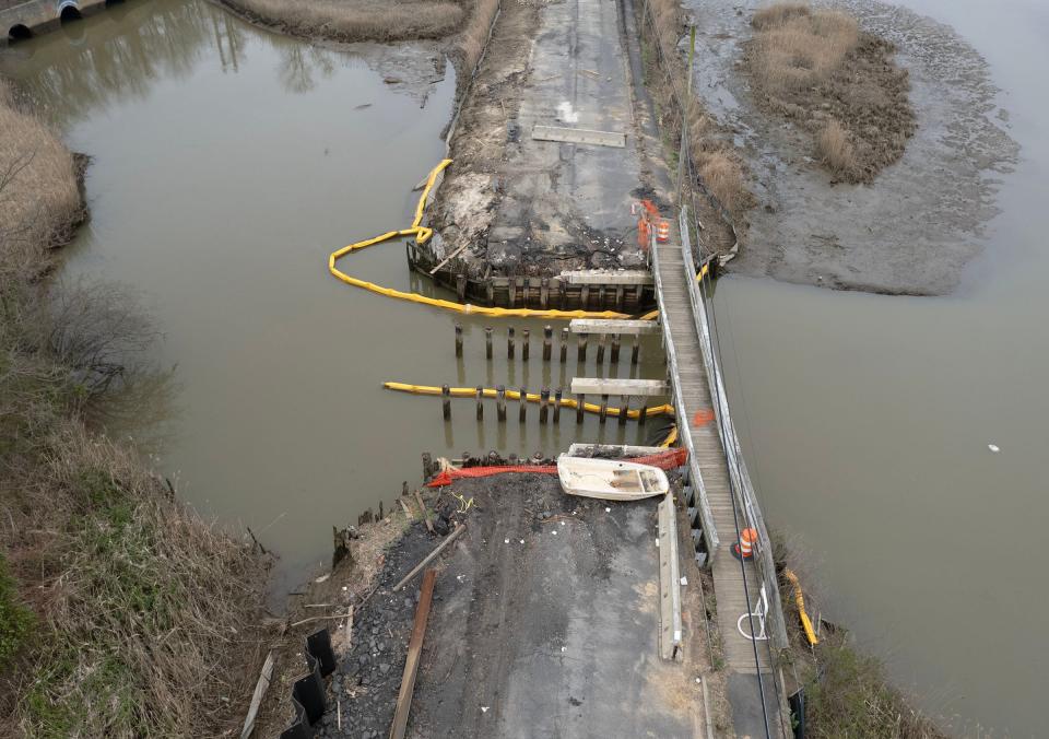 The Aberdeen Road bridge over Matawan Creek in Matawan is currently under construction and is one of the bridges in Monmouth and Ocean County that have a "poor" rating. The site is shown Wednesday, March 27, 2024.