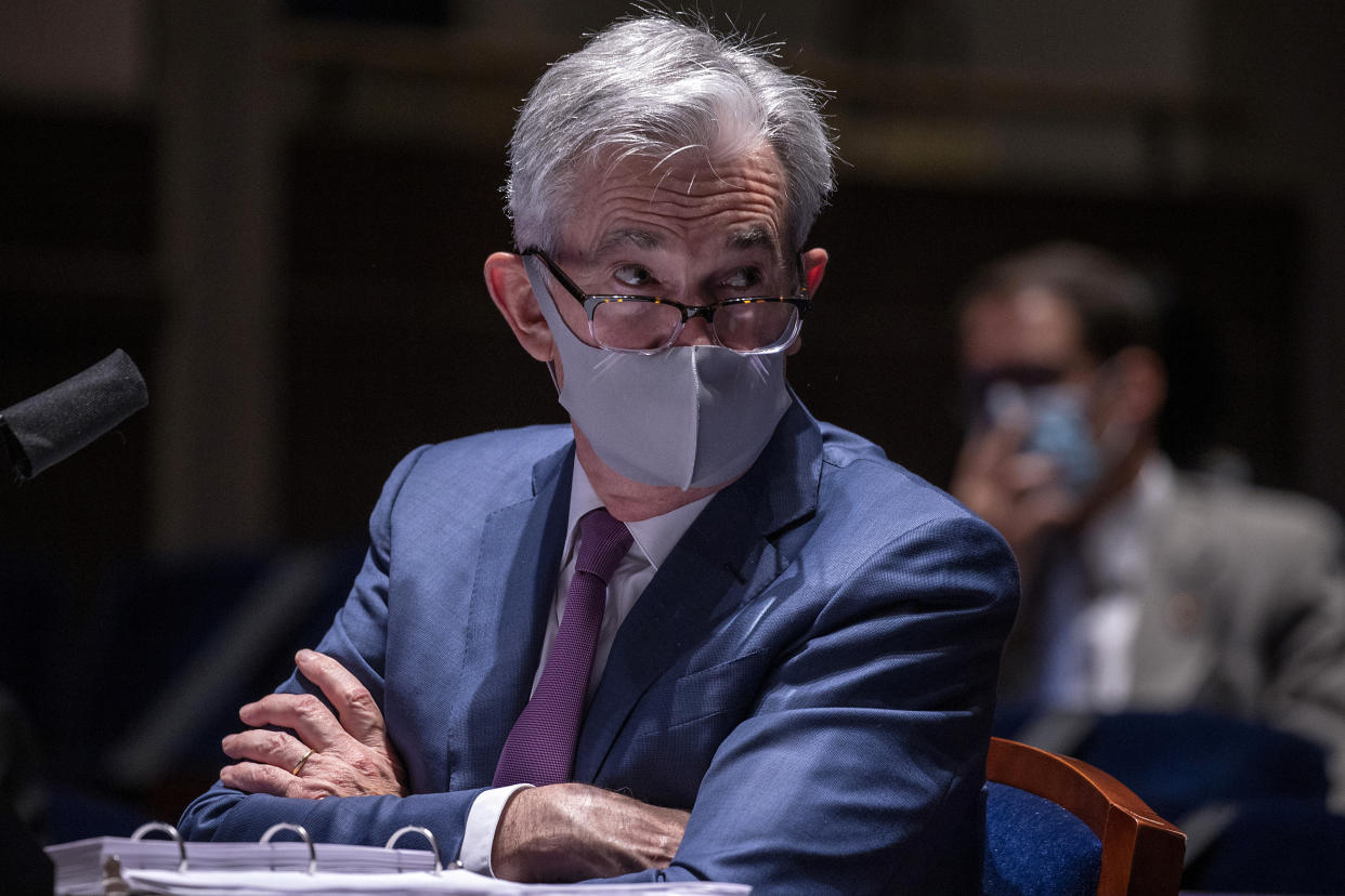 Federal Reserve Chairman Jerome Powell, wearing a face mask, testifies before the House of Representatives Financial Services Committee during a hearing on oversight of the Treasury Department and Federal Reserve response to the outbreak of the coronavirus disease (COVID-19), on Capitol Hill in Washington, U.S., June 30, 2020. Tasos Katopodis/Pool via REUTERS