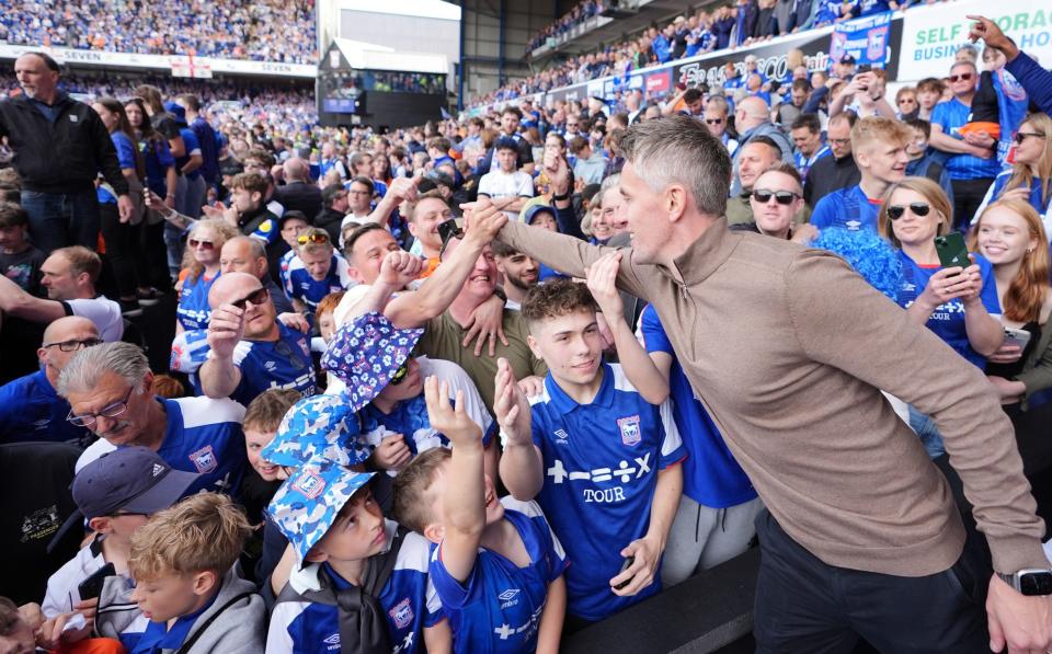 Kieran McKenna celebrates with the Ipswich fans