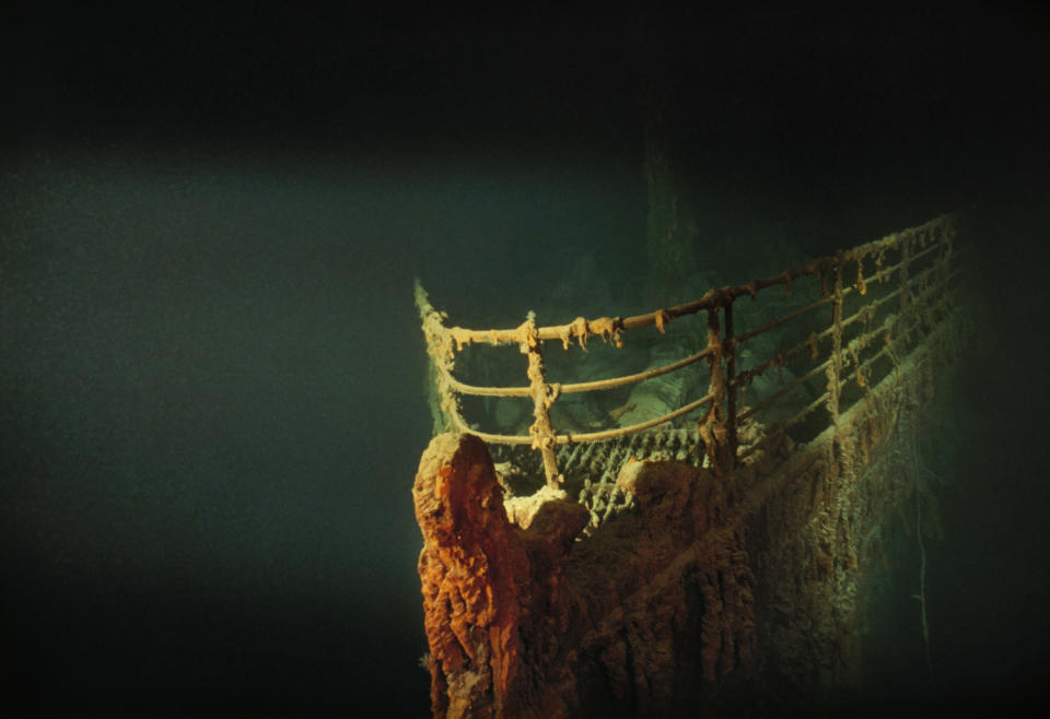 1991 | NORTH ATLANTIC: Rusted prow of the R.M.S. Titanic, which sank in the North Atlantic after hitting an iceberg in April 1912. (Photo by Emory Kristof) <br> <br> <a href="http://www.nationalgeographic.com/125/" rel="nofollow noopener" target="_blank" data-ylk="slk:Click here for more info at NationalGeographic.com;elm:context_link;itc:0;sec:content-canvas" class="link ">Click here for more info at NationalGeographic.com</a>