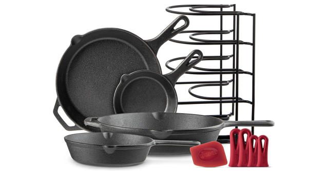 Cuisinel cast iron cookware 6-pc set - 10+12 skillet + glass lids + pizza  pan + pan rack organizer + silicone handle covers + scrape