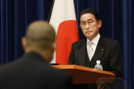 Japanese Prime Minister Fumio Kishida speaks during a press conference at the prime minister's official residence, Wednesday, Aug. 10, 2022, in Tokyo. Kishida reshuffled his Cabinet on Wednesday in an apparent bid to distance his administration from the conservative Unification Church over its ties to the assassinated leader Shinzo Abe and senior ruling party members. (Rodrigo Reyes Marin/Pool Photo via AP)