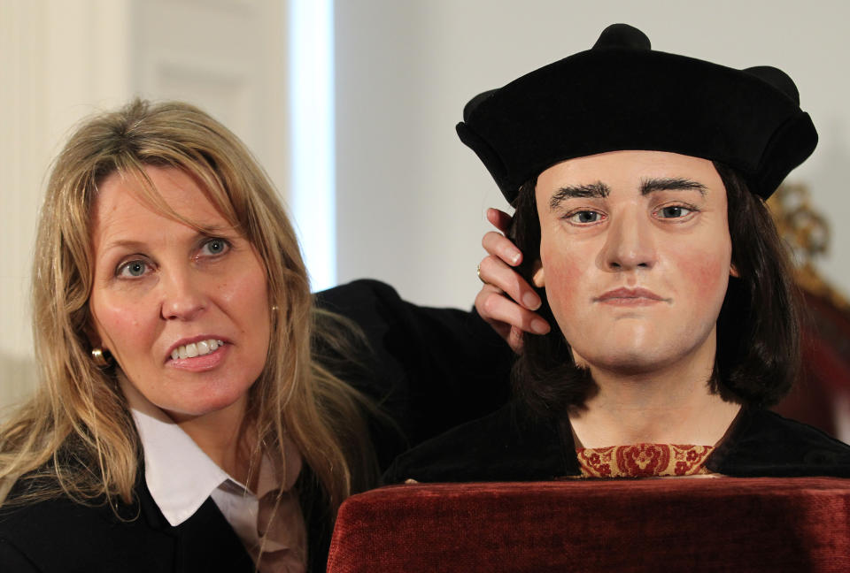 Philippa Langley, originator of the 'Looking for Richard III' project poses for photographers as the face of King Richard III is unveiled to the media at the Society of Antiquaries, London, after tests established that a skeleton found under Greyfriars car park in Leicester was that of King Richard III.   (Photo by Gareth Fuller/PA Images via Getty Images)