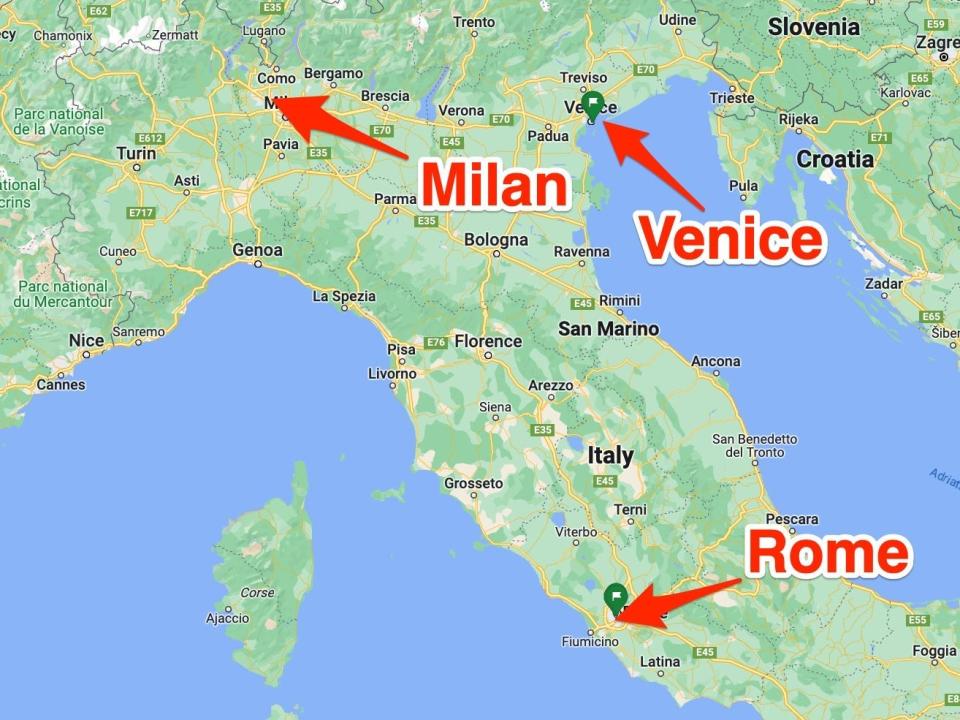 A map of Italy shows where Milan, Venice, and Rome are located.