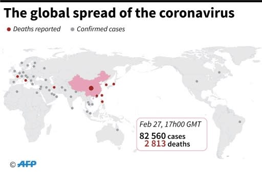 Countries and territories with confirmed cases of the new coronavirus as of February 27 at 18:00 GMT