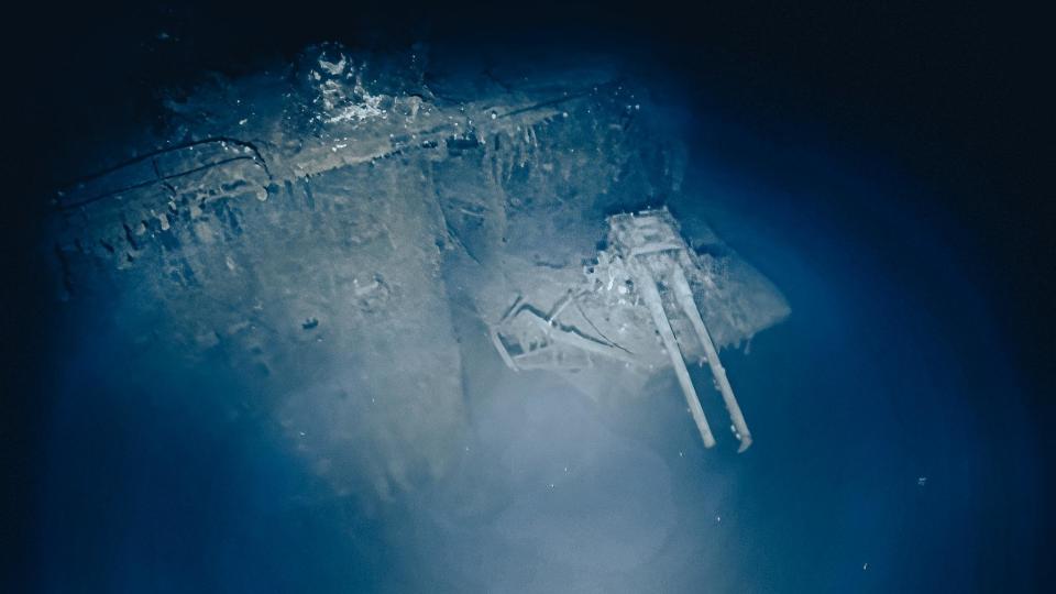 127 mm twin anti-aircraft gun mounted below the flight deck of IJN Akagi.  / Credit: Ocean Exploration Trust, NOAA