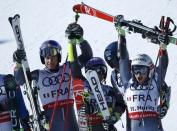 Alpine Skiing - FIS Alpine Skiing World Championships - Alpine Team Event - St. Moritz, Switzerland - 14/2/17 - (L to R) France's Alexis Pinturault, Tessa Worley, Mathieu Faivre and Adeline Baud Mugnier celebrate winning gold after the final of the parallel slalom Mixed Team event. REUTERS/Denis Balibouse