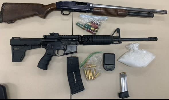 An array of firearms are shown in this undated photo provided by the San Bernardino County Sheriff's Department. The firearms were recovered as part of a gang sweep in late June and early July 2024.