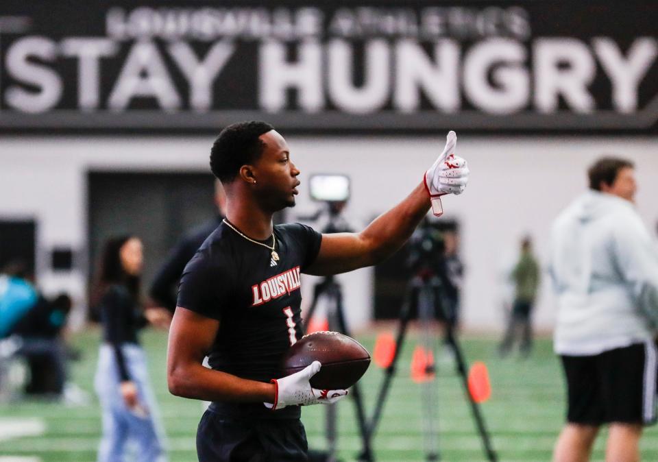 Louisville Cardinals wide receiver Jamari Thrash give a thumbs up during Louisville football's Pro Day Tuesday morning. March 26, 2024