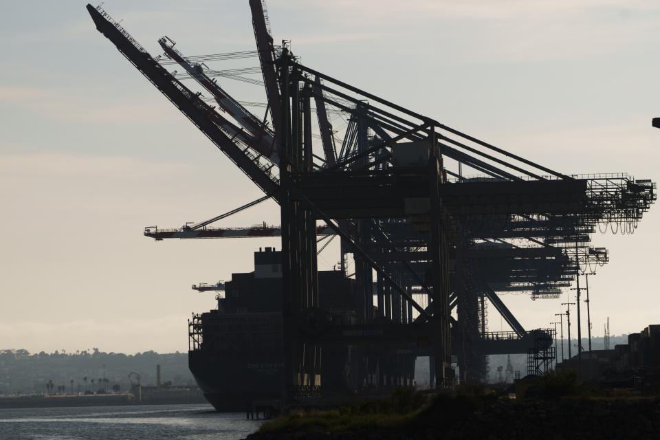 FILE - Ships are docked at Port of Los Angeles on April 28, 2023. (AP Photo/Damian Dovarganes)