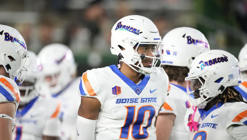 Boise State quarterback Taylen Green (10) warms up before a game against Colorado State on Oct. 14, 2023, in Fort Collins, Colo. Green will be under center when the Broncos visit Logan Saturday to face the Aggies.