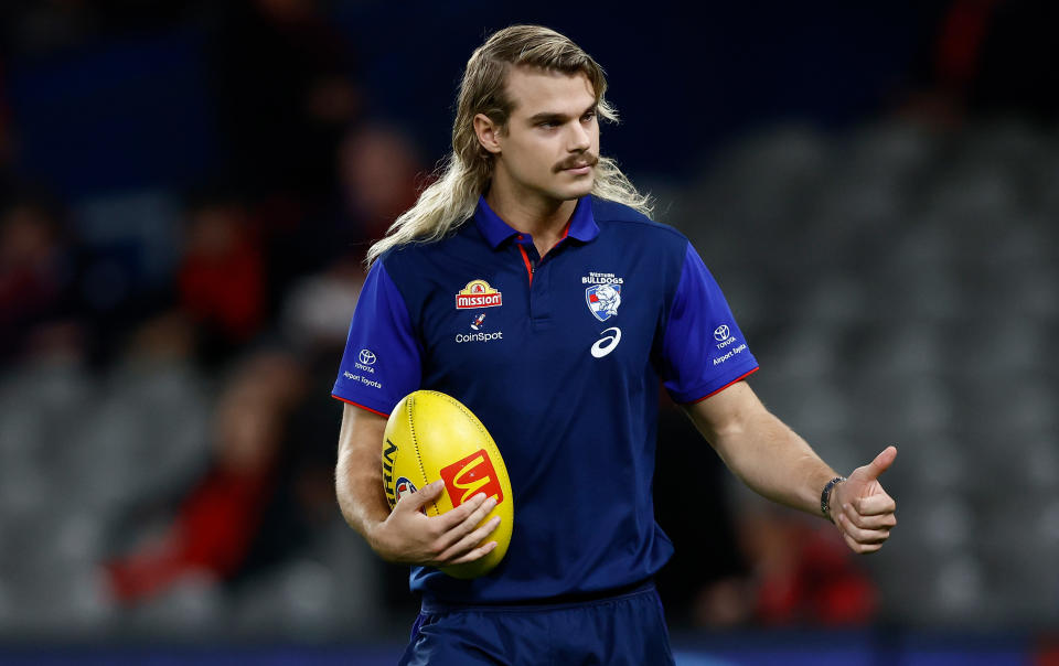 MELBOURNE, AUSTRALIA - APRIL 12: Bailey Smith of the Bulldogs gicves the thumbs up during the 2024 AFL Round 05 match between the Western Bulldogs and the Essendon Bombers at Marvel Stadium on April 12, 2024 in Melbourne, Australia. (Photo by Michael Willson/AFL Photos via Getty Images)