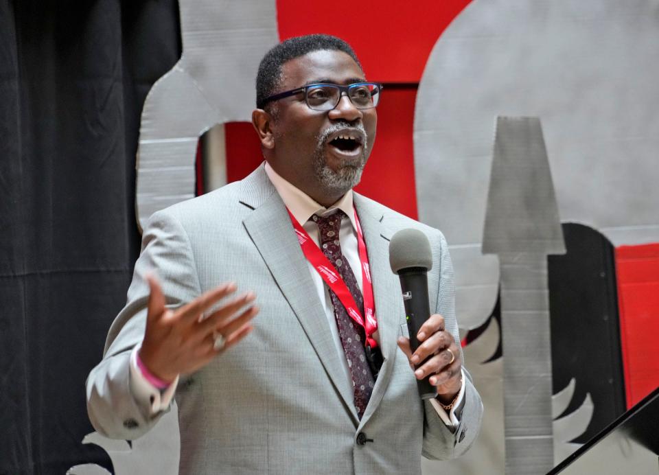 Milwaukee Public Schools Superintendent Keith Posley speaks as part of the Milwaukee Public Schools trades fair at the Milwaukee Tool offices in downtown Milwaukee in October 2023.