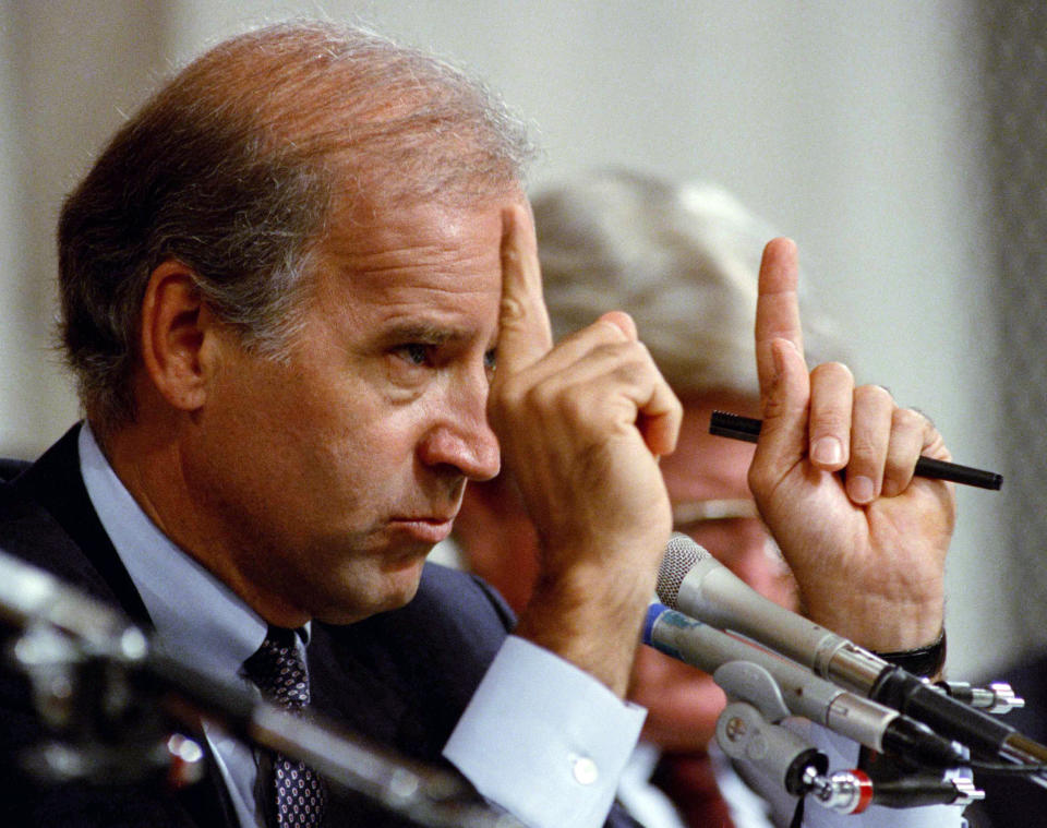 FILE - In this Oct. 12, 1991, file photo, Senate Committee Chairman Joseph Biden, D-Del., gestures during hearings before the committee on allegations of sexual harassment by Supreme Court nominee Clarence Thomas on Capitol Hill in Washington. (AP Photo/Greg Gibson, File)