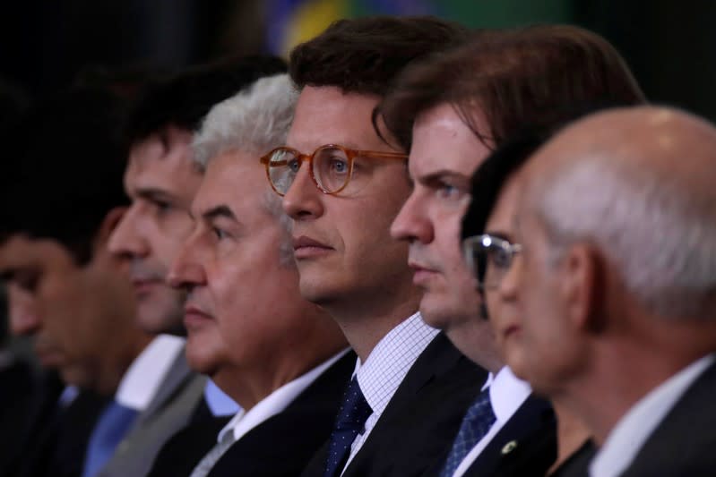 Brazil's Environment Minister Ricardo Salles looks on during the ceremony of the 300 days of Government, in Brasilia