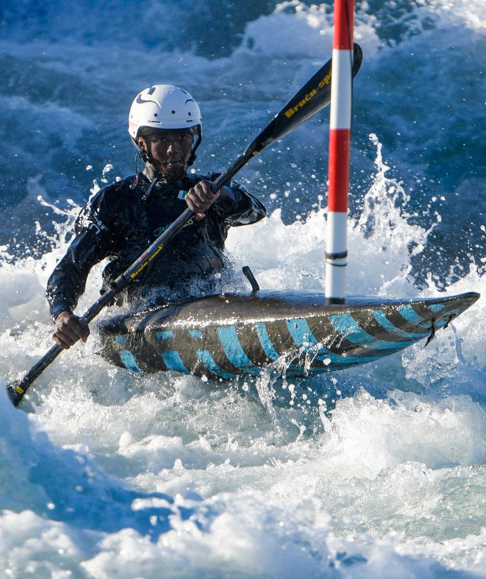 Raage Magan trains as Montgomery Whitewater, in Montgomery, Ala., hosts olympic hopefuls in wintertime training on Tuesday January 2, 2024.