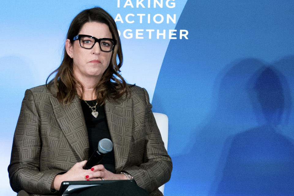 Kara Hurst, vice president of worldwide sustainability at Amazon, listens while participating in the Clinton Global Initiative, Tuesday, Sept. 20, 2022, in New York. (AP Photo/Julia Nikhinson)