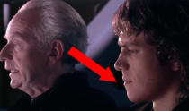 <p>In 'Revenge Of The Sith’, <a href="https://www.youtube.com/watch?v=HLfGh2b_me0" rel="nofollow noopener" target="_blank" data-ylk="slk:when Emperor Palpatine tells Anakin the cuddly bedtime story of Darth Plagueis;elm:context_link;itc:0;sec:content-canvas" class="link ">when Emperor Palpatine tells Anakin the cuddly bedtime story of Darth Plagueis</a>, focus on Anakin. Watch closely, and you’ll see his face morphs slightly between lines. This is because George Lucas liked some takes better than others, but couldn’t decide which he wanted, so he clumsily morphed both together. In the shot. Without a cut. Which is so terrible and weird.</p>