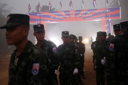 Soldiers of Karen National Union (KNU) prepare for the 70th anniversary of Karen National Revolution Day in Kaw Thoo Lei, Kayin state, Myanmar January 31, 2019. REUTERS/Ann Wang