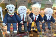 <p>Humorous puppets of politicians are seen on sale at the London shop – Theresa May (UK Prime Minister), Jeremy Corbyn (Leader of UK Labour Party) Donald Trump (US President) and Boris Johnson (former UK Foreign Secretary and Pro Brexiteer). (Photo: Keith Mayhew/SOPA Images/LightRocket via Getty Images) </p>