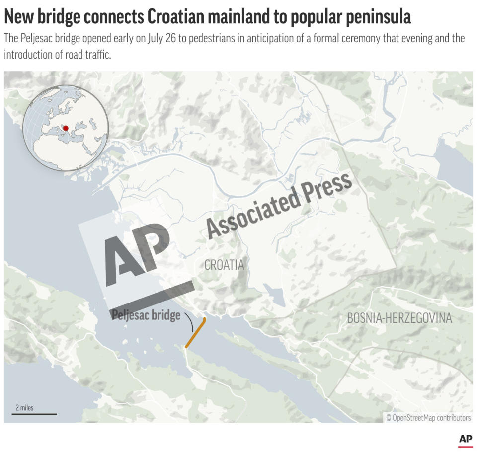 This preview of a digital embed shows the location of the Peljesac bridge, which opened July 26 and connects two parts of the Croatian coastline along the Adriatic Sea. (AP Digital Embed)