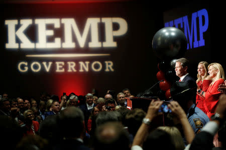 Following midterm elections, Republican gubernatorial candidate Brian Kemp reacts after appearing at his election night party in Athens, Georgia, U.S. November 7, 2018. REUTERS/Chris Aluka Berry