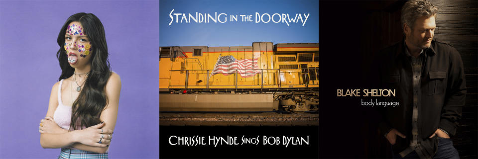 This combination of photos shows cover art for "Sour" by Olivia Rodrigo, from left, "Standing in the Doorway" by Chrissie Hynde and "Body Language" by Blake Shelton. (Geffen Records/BMG/Warner Music Nashville via AP)