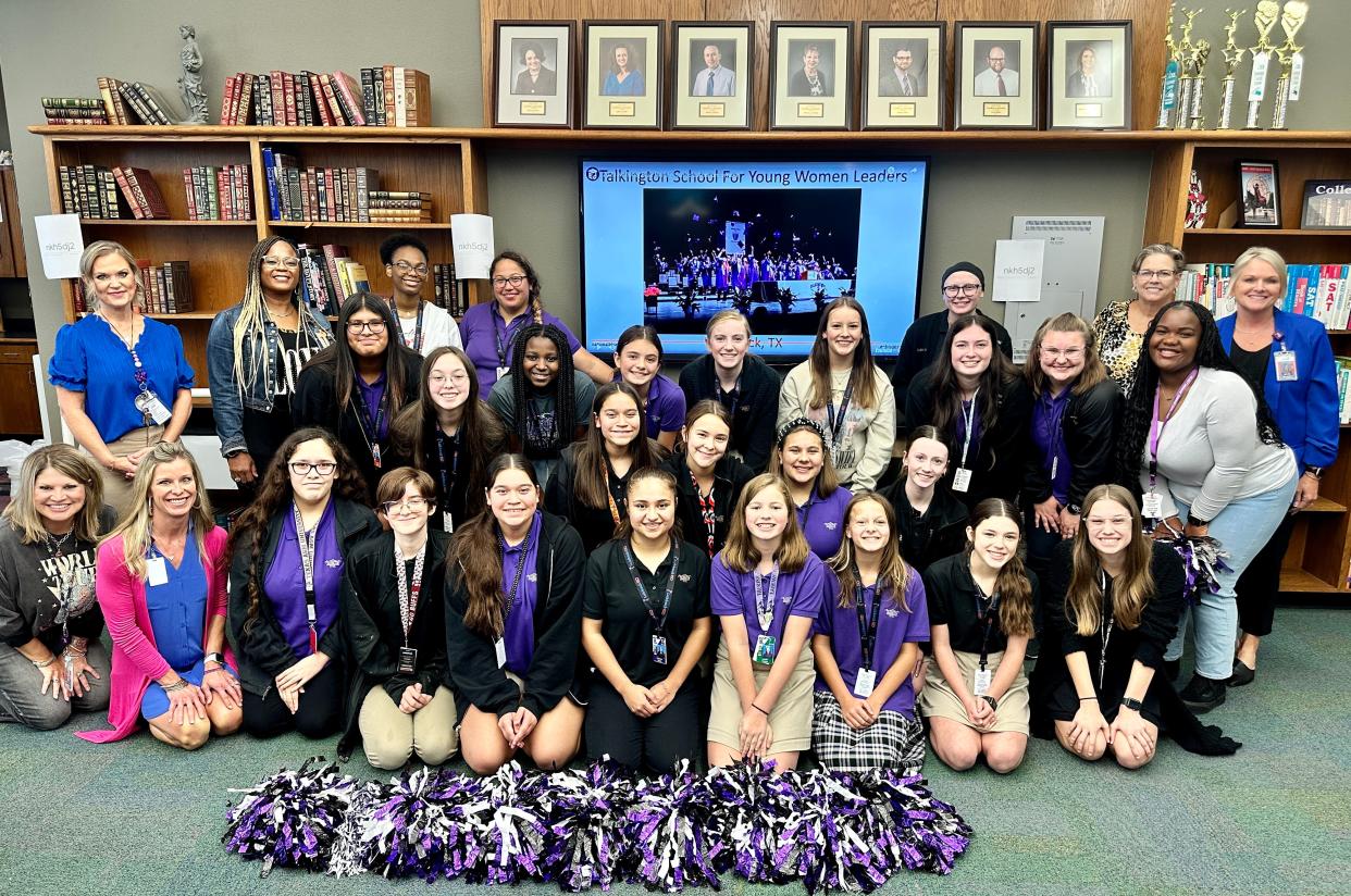 Students and staff at Lubbock ISD's Talkington School for Young Women Leaders pose for a photo after learning the school was named a 2023 National Blue Ribbon School, Sept. 19 in Lubbock.