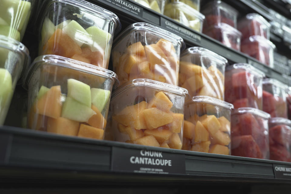 The salmonella outbreak involves cantaloupes sold by the brands Rudy and Malichita, including any products — like fruit trays — made with cantaloupes from those brands. (AP Photo/Mary Conlon)