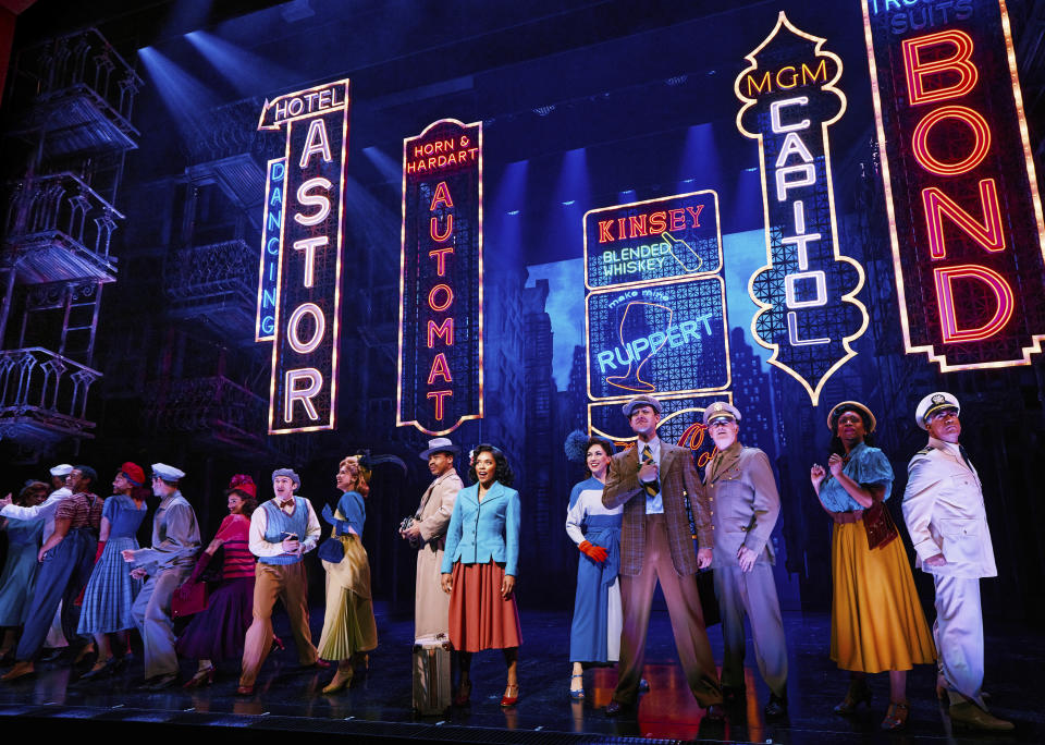 This image released by Polk & Co. shows Anna Uzele, center, with the cast during a performance of "New York, New York." (Emilio Madrid/Polk & Co. via AP)