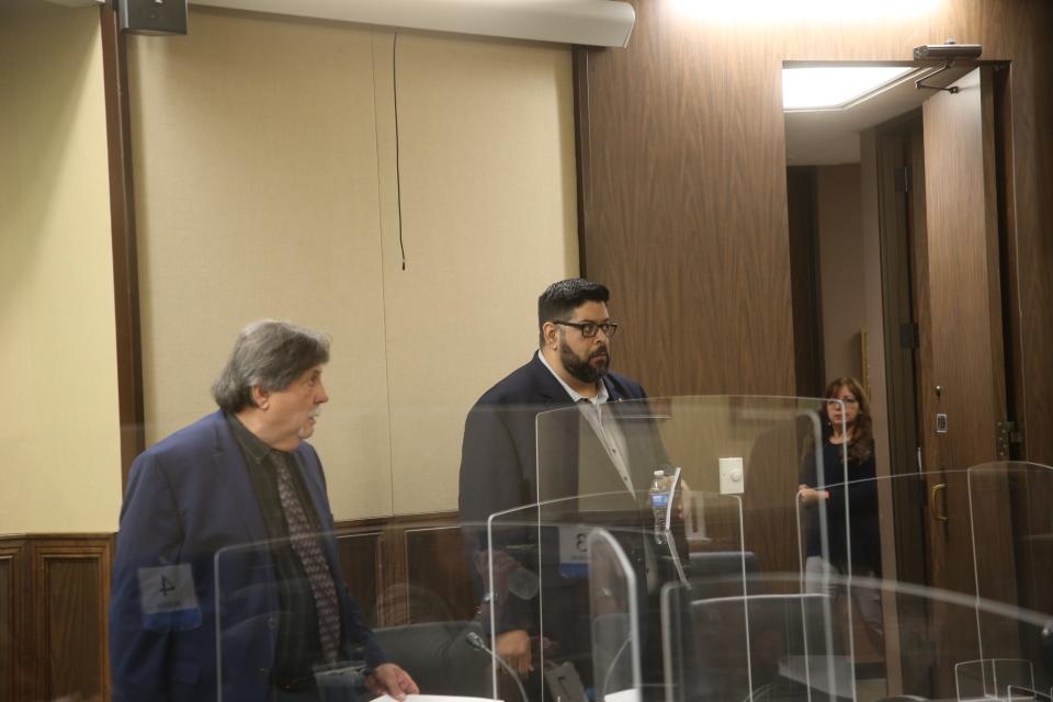 Former Calallen ISD teacher Joseph M. Sandoval and his defense attorney, Abel Cavada, appear before Judge Sandra Watts in the 117th District Court for Sandoval's jury trial on Thursday, March 3, 2022.