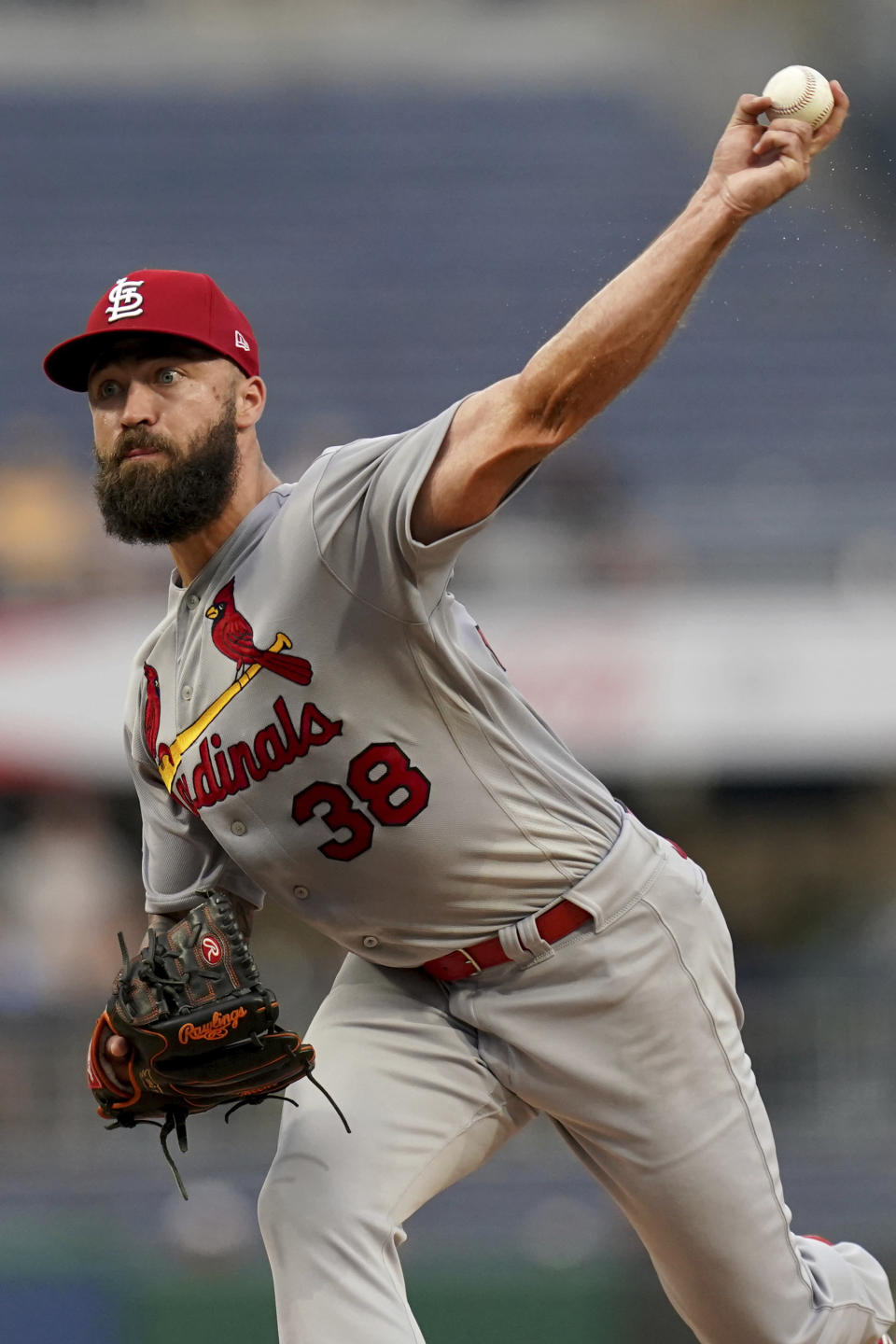 St. Louis Cardinals starting pitcher Drew Rom delivers against the Pittsburgh Pirates in the first inning of a baseball game in Pittsburgh, Monday, Aug. 21, 2023. (AP Photo/Matt Freed)