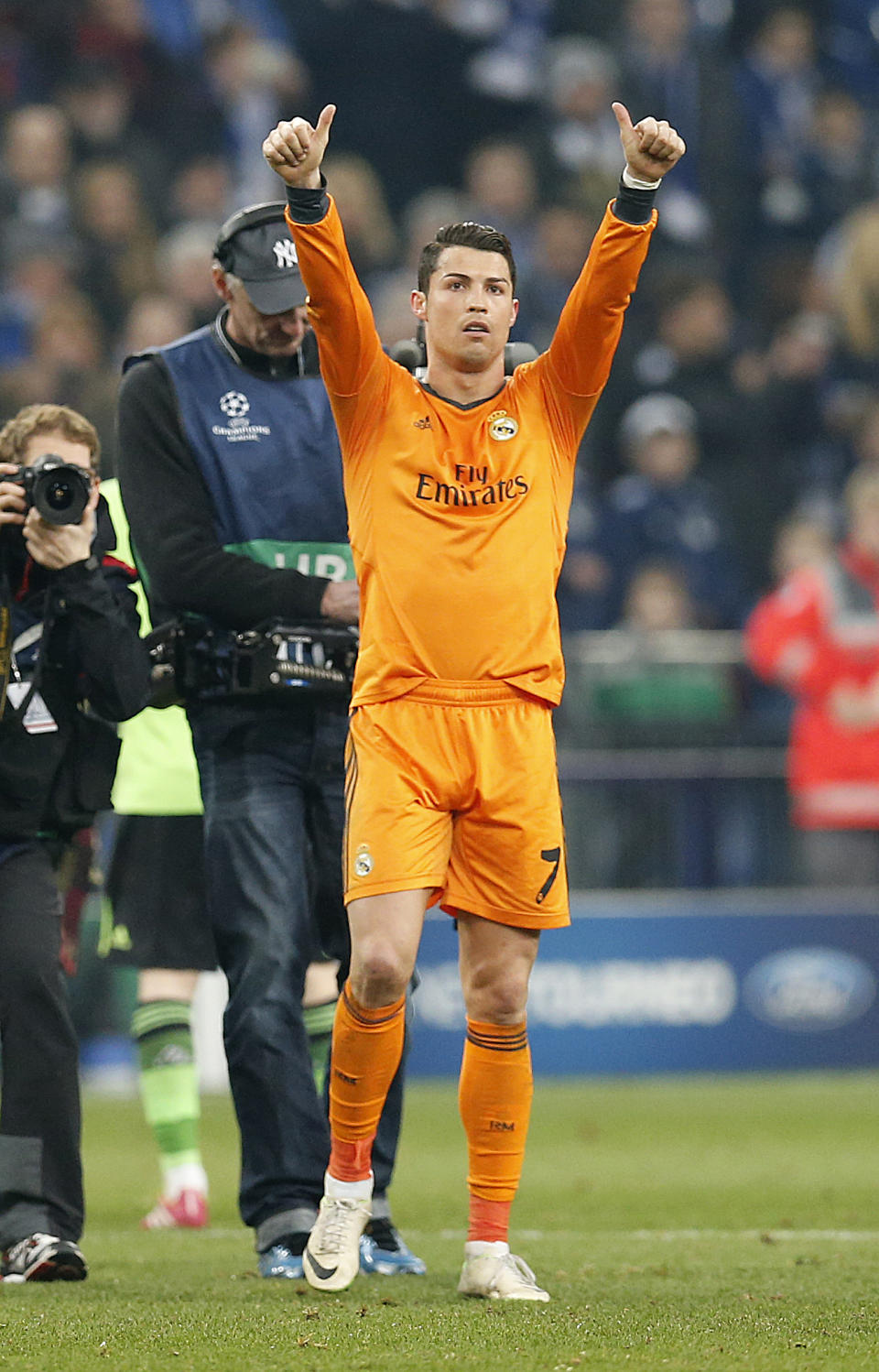 Real's Cristiano Ronaldo gestures after the Champions League round of the last 16 first leg soccer match between Schalke 04 and Real Madrid in Gelsenkirchen, Germany, Wednesday, Feb.26,2014. (AP Photo/Frank Augstein)